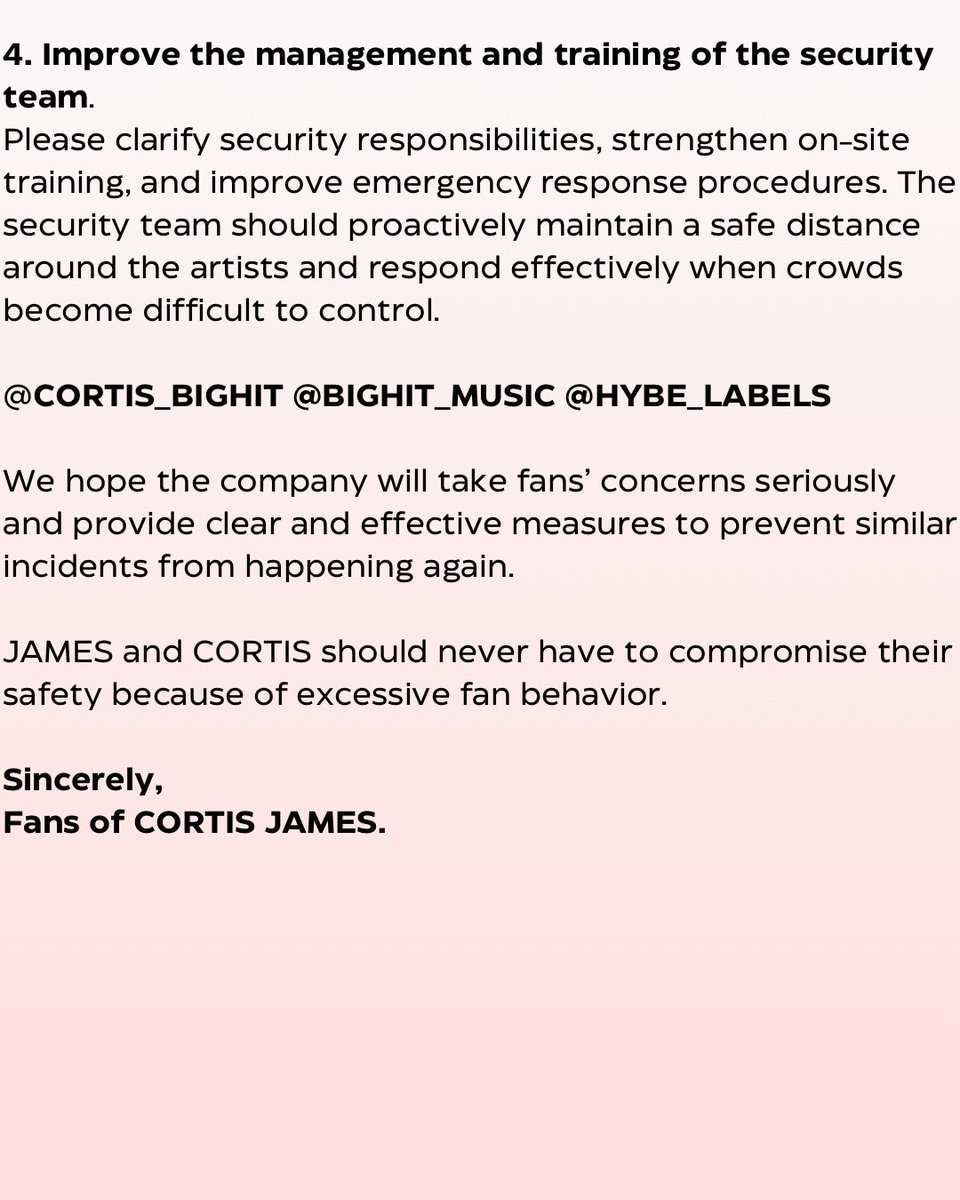 chinajamesbar's tweet photo. 🚨 ANNOUNCEMENT | ENSURING ARTIST SAFETY DURING AIRPORT SCHEDULES 🚨

@CORTIS_BIGHIT @BIGHIT_MUSIC @HYBE_LABELS

We hope the company will take clear and effective measures to prevent this kind of airport crowding from happening again. https://t.co/aDTvXPlivO