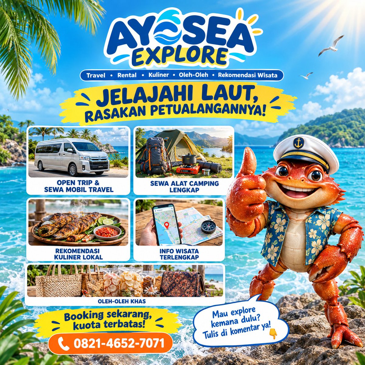 ayoseaexplore's tweet photo. Liburan udah direncanain, tapi masih bingung mau ke mana, sewa apa, dan makan di mana? 😩

✨ AYOSEA EXPLORE, solusi lengkap liburan lautmu:
📍 Info wisata terlengkap
 📞https://t.co/xHQFe7runq

#AyoseaExplore #WisataLaut #OpenTripIndonesia #TravelIndonesia #RekomendasiWisata https://t.co/tPWUFNff7C