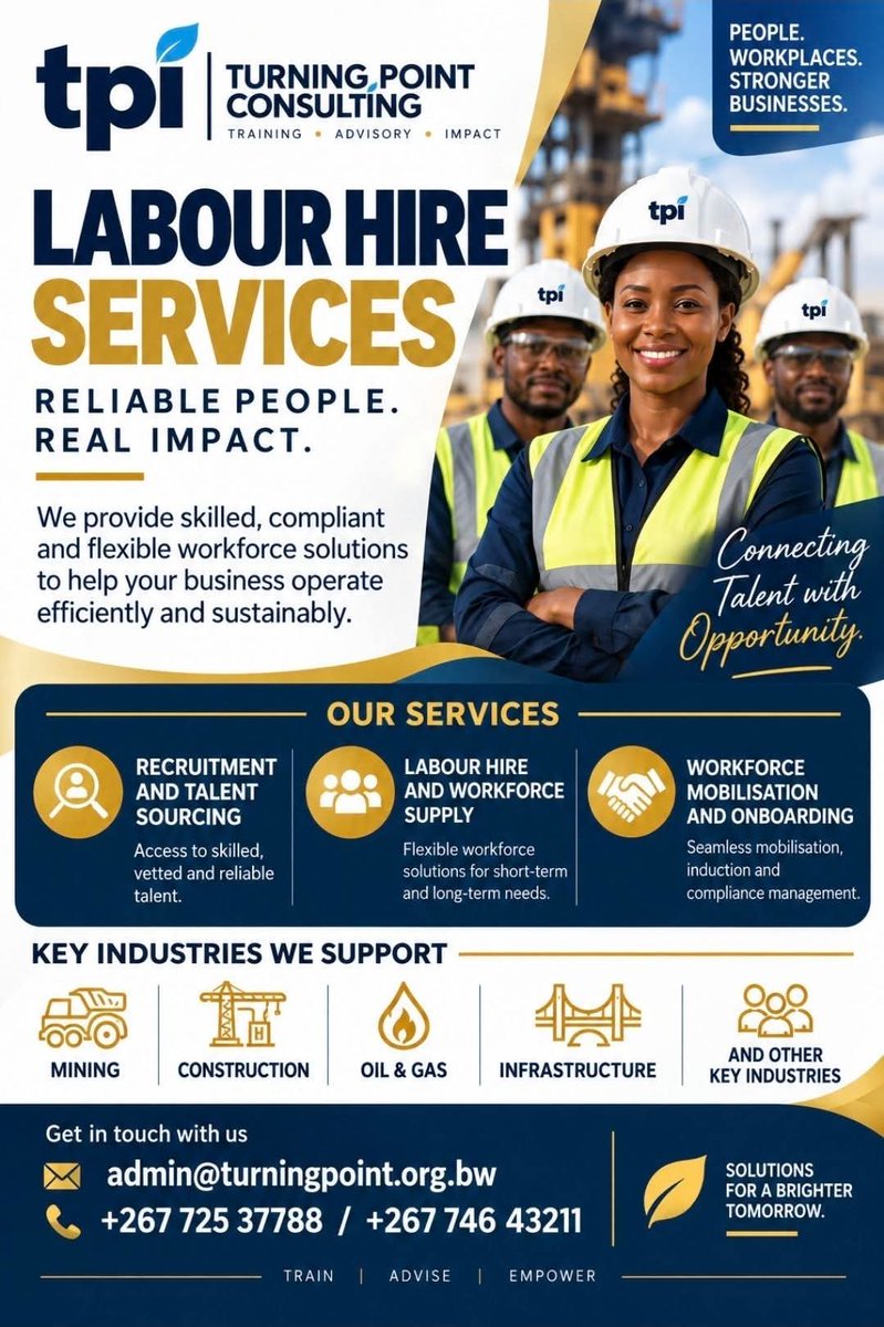 HlangananiICT's tweet photo. Your business needs the right people, at the right time.
Turning Point Consulting provides flexible LABOUR HIRE &amp; WORKFORCE SOLUTIONS designed to help organisations meet short-term, project-based and longer-term workforce requirements.

admin@turningpoint.org.bw
 +267 725 37788 https://t.co/y5SW7Etk3h