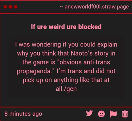 ANewWorldF00l's tweet photo. SORRY THIS TOOK A WHILE... they dropped #him.. anyways this is my chancd for a thread

Naoto Shirogane and anti trans propaganda in media

A 🧵

Trigger Warnings for: Queerphobia, Rape/Rape Culture, mentions of mutilation https://t.co/3qZrrW4xvv