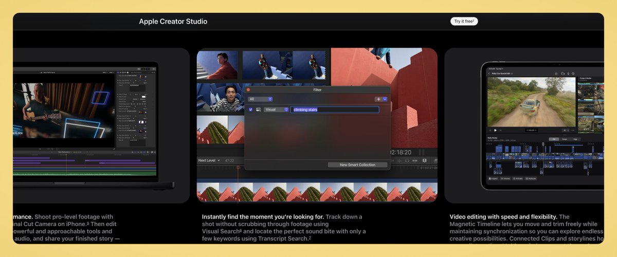 gaborpinterweb's tweet photo. #Webdesign idea from #Apple for #SaaS builders

Use context and variety for your screenshots.

Music video, architecture, racing cars: same tool, wildly different use cases.

It shows your product flexes across niches. Wider net, faster "this is for me too" moment. https://t.co/RajlHO7L8t