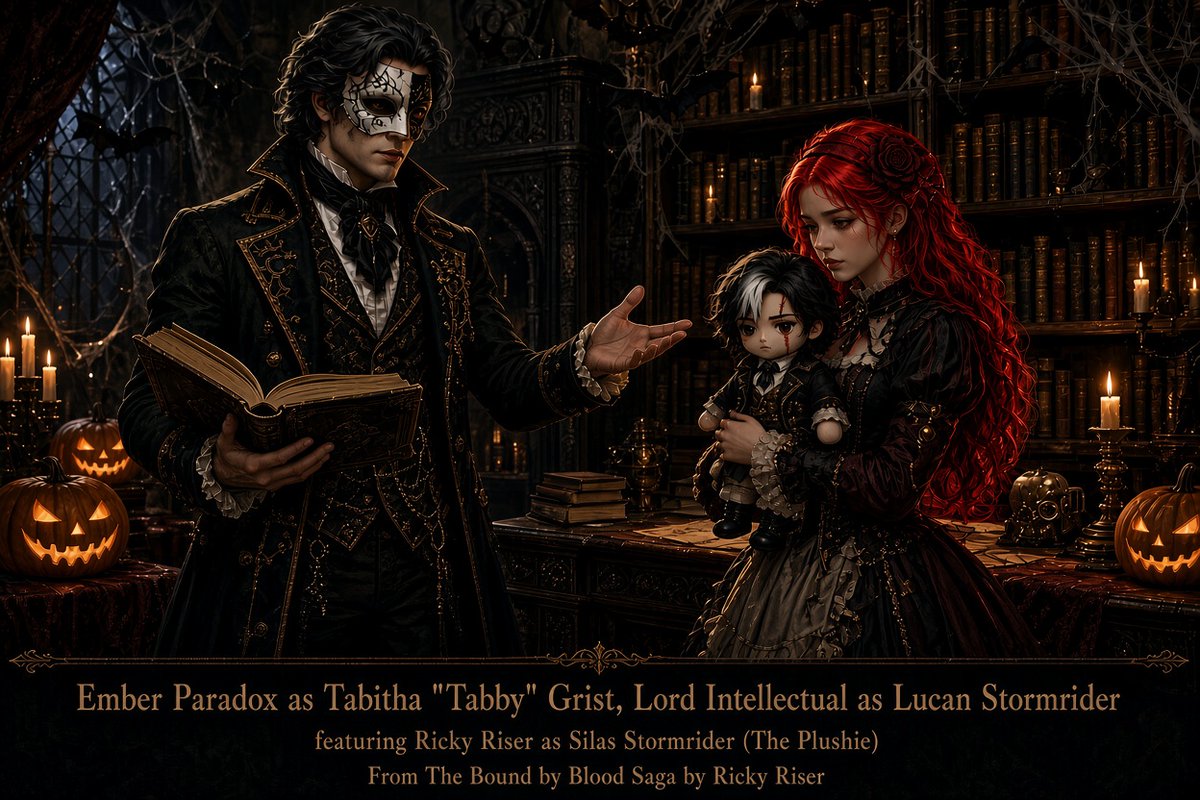 RyAnnYoung82's tweet photo. Alright, couldn't help myself, but to make another one... this time featuring @LordIntellectX and @ember_paradox for Halloween as some of my characters and me as a plushie/stray of one of them. #AIArtEmberParadox #AiArtLordIntellectual https://t.co/5UO6Kj8mTR