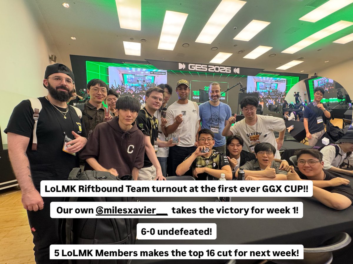 LoLMeetupKorea's tweet photo. LoLMK representing at the first ever GGX Cup!!

#riftboundkr #riftboundkorea #lolmeetupkorea

@GenG_Riftbound @playriftbound @its_KM___ https://t.co/xLJvYiSSWx