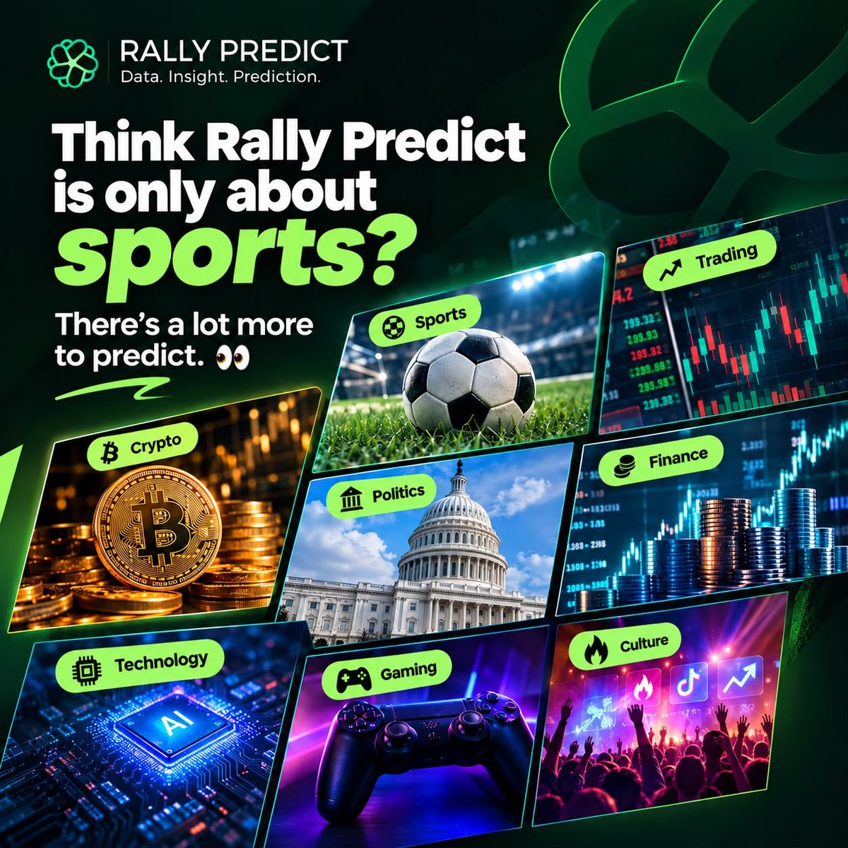RallyPredict's tweet photo. Think Rally Predict is only about sports? Think again. 👀

From trading and crypto to politics, finance, technology, gaming, and culture, there’s always something new to predict. 

More markets. More possibilities. What’s your market?
#RallyPredict #PredictionMarkets https://t.co/jXIaiqELeS