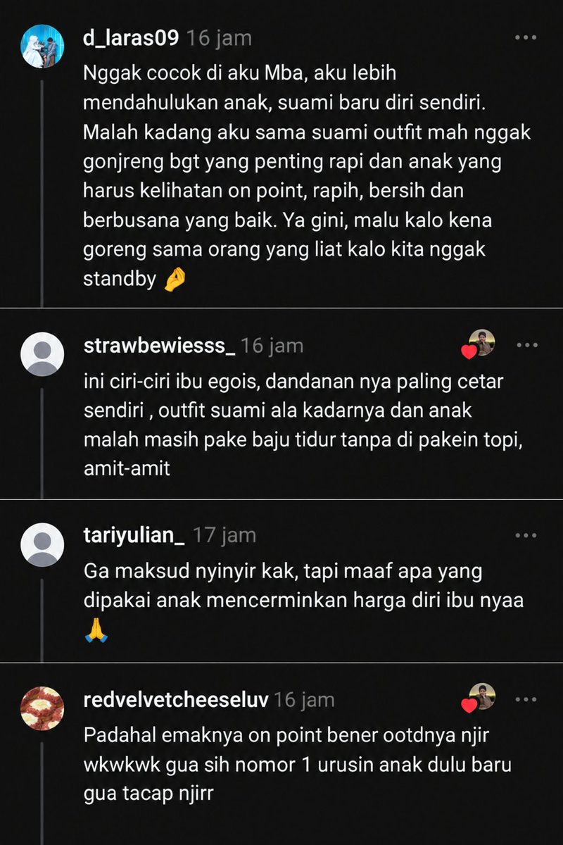 areumdowoonie's tweet photo. KUMPULAN KOMENTAR ORANG TUA PICK ME 🙈

Jadi ada seorang ibu yang ngepost foto keluarganya, dan minta netijen mengedit foto tsb agar warna outfitnya senada. Soalnya sang anak nggak sempat ganti baju.

Aku udah berekspektasi bakal nemuin editan-editan lucu nan random khas netijen.

Tapi pas baca komentarnya, aku kaget banget!

Ternyata banyak komentar dari orangtua "si paling memperhatikan outfit anak" "si paling mengutamakan kebutuhan anak dan suami dulu", "si paling nggak perlu dandan menor yang penting anak keurus"...

Gongnya lagi, ternyata anak di foto tersebut adalah CANCER SURVIVOR 😭🙏

Waduh waduh waduh, teganya netijen ini melukai hati seorang ibu yg anaknya sedang berjuang melawan penyakit ganas 😭😭😭

Kalau menurut kalian gimana guys?