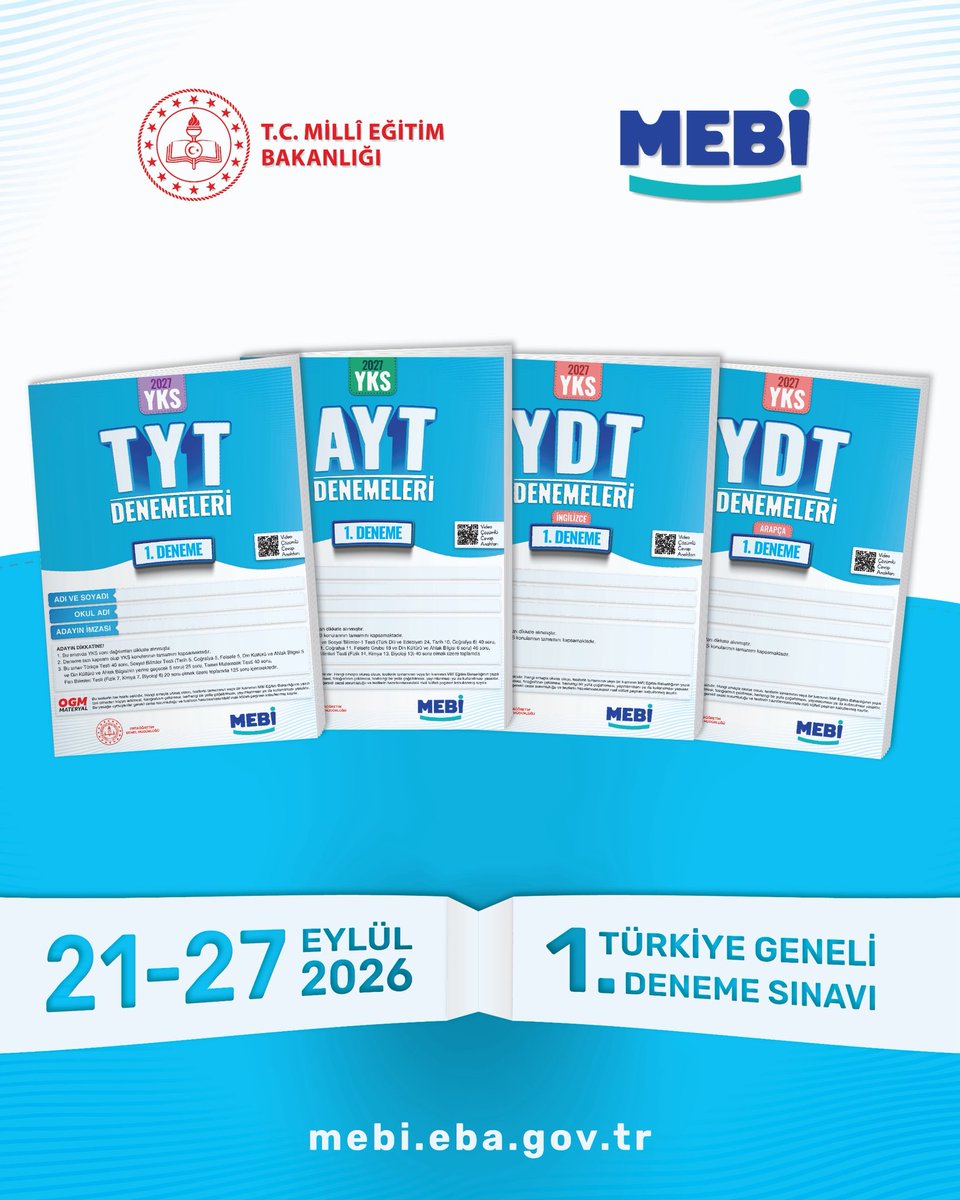 meb_mebi's tweet photo. 2027 YKS yolculuğunda ilk Türkiye geneli MEBİ denemesi başlıyor! 🌀🪁

📍TYT, AYT ve YDT denemeleri 21–27 Eylül’de MEBİ’de.

🔗 https://t.co/scZawokAwo https://t.co/izzO6ic4hT
