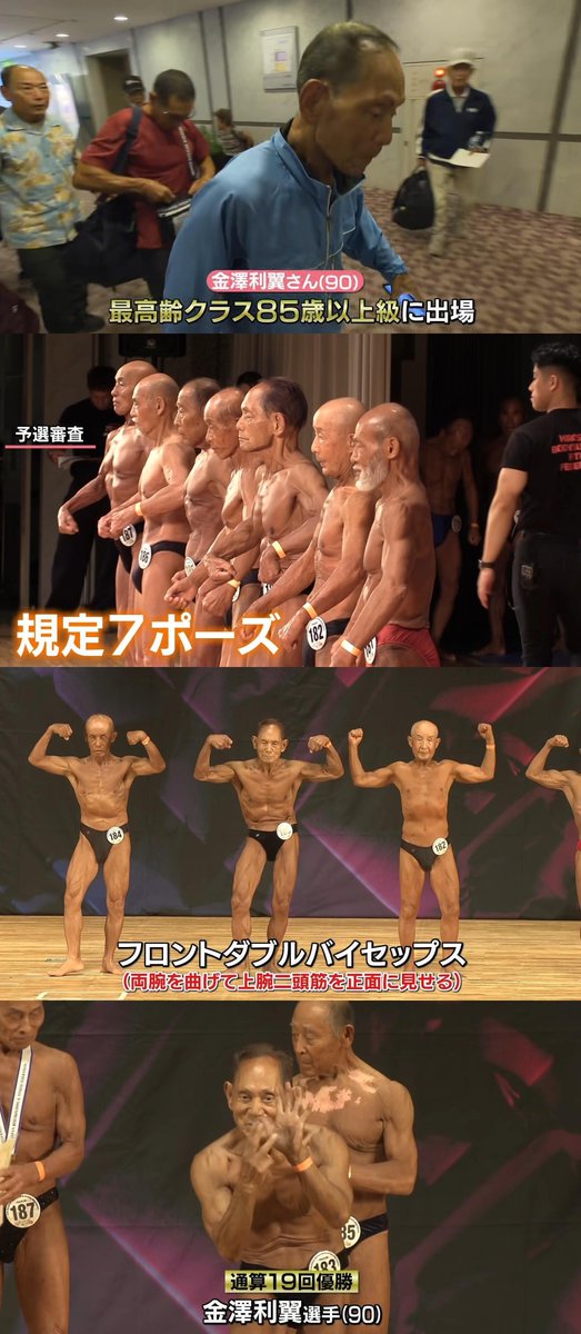 tkzwgrs's tweet photo. 【朗報】90歳の“日本最高齢”ボディービルダーさん、全日本マスターズフィットネス選手権で見事優勝

■金澤利翼(90)さん
・肉や魚を断ち、玄米/納豆/卵/味噌汁でボディメイク
・「毎年身体が衰えていく年齢だが維持して頑張ってきた」と語る
・90歳の誕生日に全日本マスターズ(85歳↑部門)に出場
→見 事優勝し、決めゼリフ「ベリーマッチョ」を披露する