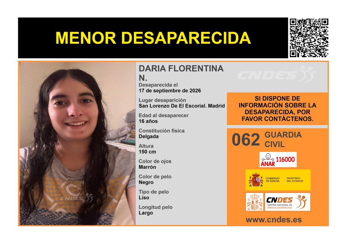 cndes_oficial's tweet photo. ⚠️𝘼𝙇𝙀𝙍𝙏𝘼⚠️
🧐Desapareció: #SanLorenzoDelEscorial #Madrid
🔁RT📲para ayudar a su localización
Si tienes noticias de su paradero:
📞062 @guardiacivil
📩https://t.co/W7tlp27JQ7
☎️ 116000 ANAR
🔗Canal oficial @cndes_oficial https://t.co/MbwaRBQTLE