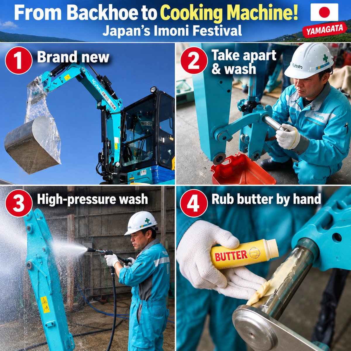 hokkori_buzz's tweet photo. America, this Japanese imoni festival is crazy‼️😂

Every year in Yamagata, two brand new backhoes are prepared to make a massive batch of imoni.

① Start with brand new, never used backhoes
↓
② Take apart the moving parts and wash them with household detergent
↓
③ Pressure wash away the machine oil and grease
↓
④ Use cooking oil and rub edible butter onto the parts by hand 🧈

Even the buckets are specially made from stainless steel for cooking.

After the festival, the backhoes are sold at a premium as good luck machines. 😂

Japan takes imoni VERY seriously.

#日本一の芋煮会フェスティバル