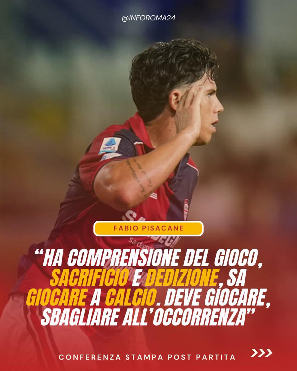 inforoma24's tweet photo. 🟡🔴 Fabio #Pisacane, durante la conferenza stampa post partita di #UdineseCagliari, ha dichiarato che Alessandro #Romano gli ricorda Kevin #Strootman.
🗣️ Secondo il tecnico rossoblù i due ex #ASRoma si assomiglierebbero per le completezza, il macino educato e l’impatto fisico. https://t.co/egCIXp3VQd