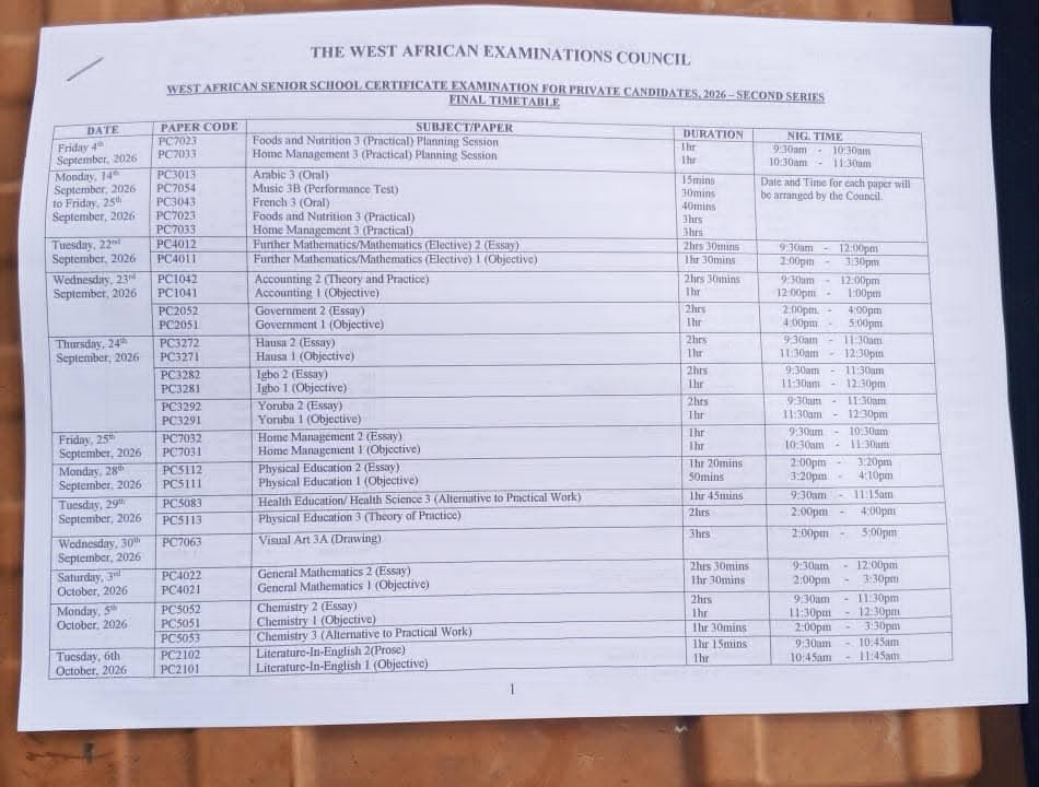 ASamuel15768's tweet photo. EXAMINATION TIME TABLE https://t.co/iEBRUTrgzG