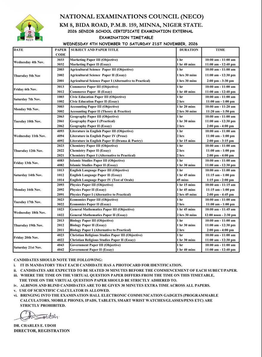 ASamuel15768's tweet photo. NECO EXAMINATION TIME TABLE https://t.co/ZqMo5QxmUF
