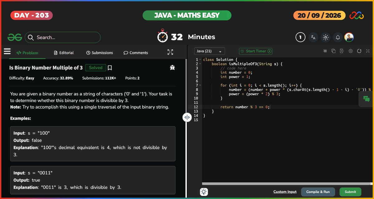 mehdiali_mk's tweet photo. GFG – JAVA Maths Easy | DSA – DAY – 203

Is binary number multiple of 3: 
Nearest multiple of 10:

Github: https://t.co/nGvmeKppoh
GeeksForGeeks: https://t.co/HkNQiTqxAZ
LinkedIn: https://t.co/MTyaf3BltR

#365DaysofCode #365dayscoding #100daysofcodechallenge #100daysofcode https://t.co/hesP2oPVlF