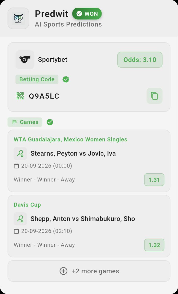 predwit's tweet photo. 🏆 BOOM! Sportybet code WON @ 3.10 odds! ✅🔥
🎯 Code: Q9A5LC
⚽ Stearns, Peyton vs Jovic, Iva
⚽ Shepp, Anton vs Shimabukuro, Sho
⚽ Lee, Eunhye (2000) vs Ma, Yexin

Get winning codes on Predwit ���
https://t.co/Czt1cB80WA
#Predwit #BetCode https://t.co/qPrVo7GqSp