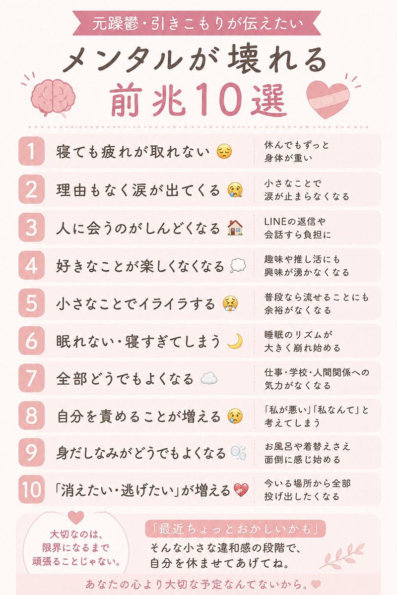 suzusuzunote's tweet photo. メンタルが病む前には必ず”SOSサイン”があります❤️‍🩹🔻 https://t.co/yv8zjsDUqm