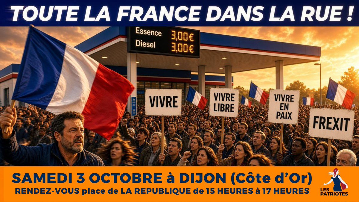 LesPatriotes21's tweet photo. 🔶 TOUTE LA FRANCE DANS LA RUE 🔶

Les Patriotes 21 organisent un rassemblement à Dijon en écho à la grande manifestation parisienne du 3 octobre prochain.

"Les Français ne veulent plus seulement survivre. Ils veulent vivre, vivre libre et vivre en Paix. Toute la France doit se faire entendre". Florian Philippot.

Reprenons nos vies en main et retrouvons nous à partir de 15 heures, place de la République à Dijon.

VENEZ TRES NOMBREUX 🇨🇵 🧡