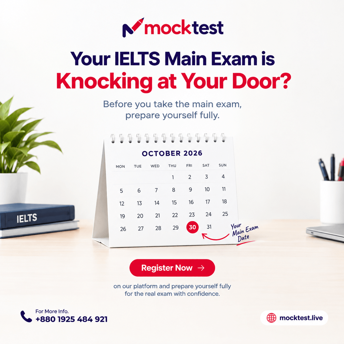 mocktestlive's tweet photo. 🚨 Your IELTS Main Exam is Knocking at Your Door?

The closer the exam gets, the more important your practice becomes. Don’t wait until the exam day to find out where you stand.

🎯 Prepare yourself before the real exam with Mock Test.

#ielts #IELTSPreparation #ieltsmocktestad https://t.co/WRMDqUVdBh