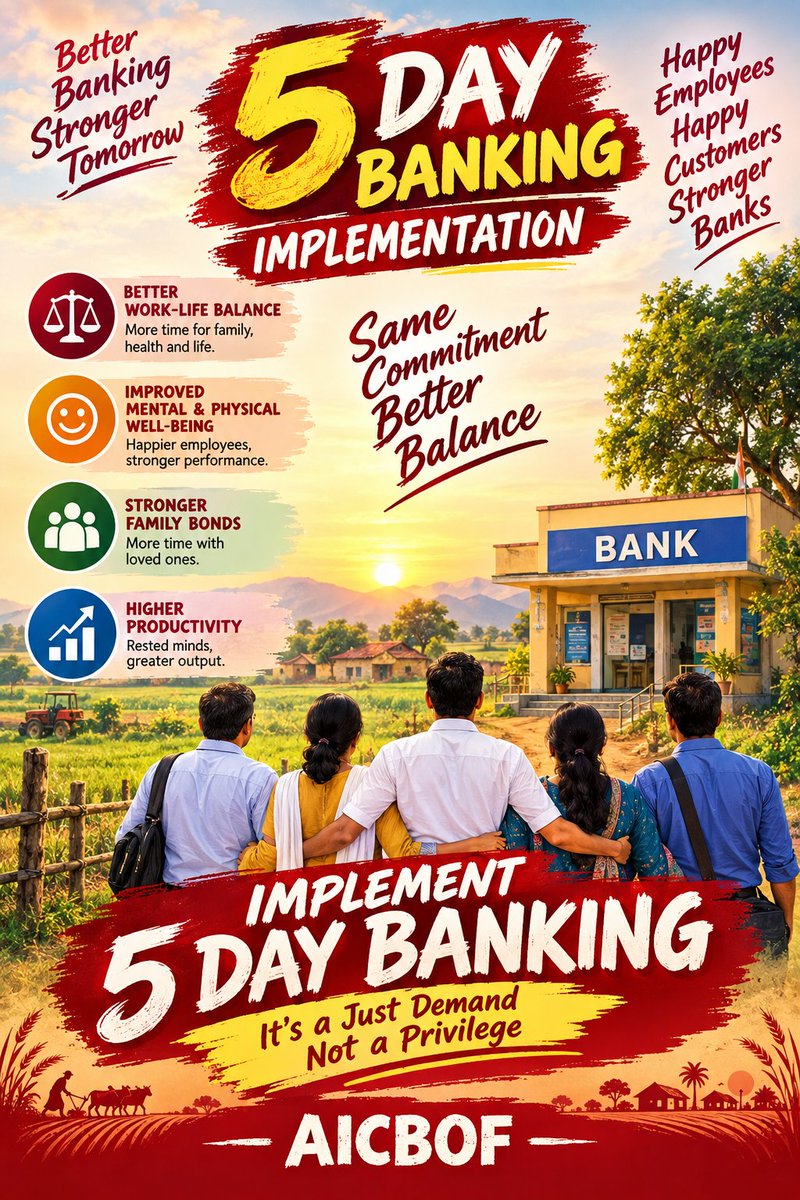 MeenaAarav's tweet photo. To ensure better service, the health of bank staff must be prioritized; implement the 5-day week promptly! #5DayBankingNow #AIBOC #AICBOF @IndiaOfficers @cboa https://t.co/r74DBxX6sX