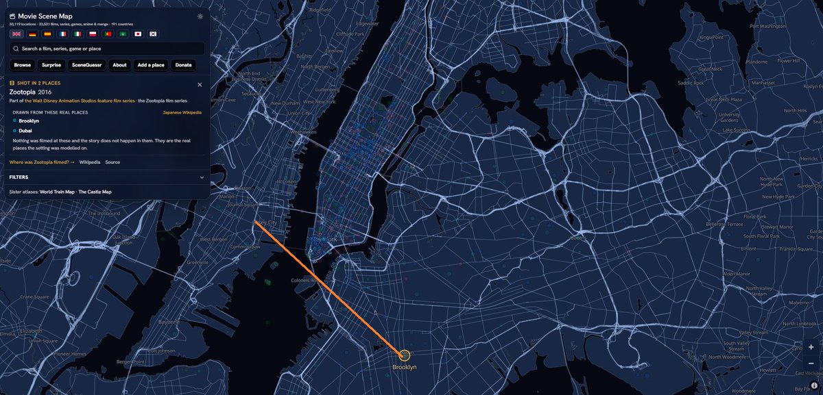CartoonF34406's tweet photo. this website tells you wherever movies and series where made at and zootopia is set in Dubai and new york as we know... the orange line shows New Jersey... a place in Zootopia 2 as Gnu  Jersey https://t.co/jvD0JPU5WP