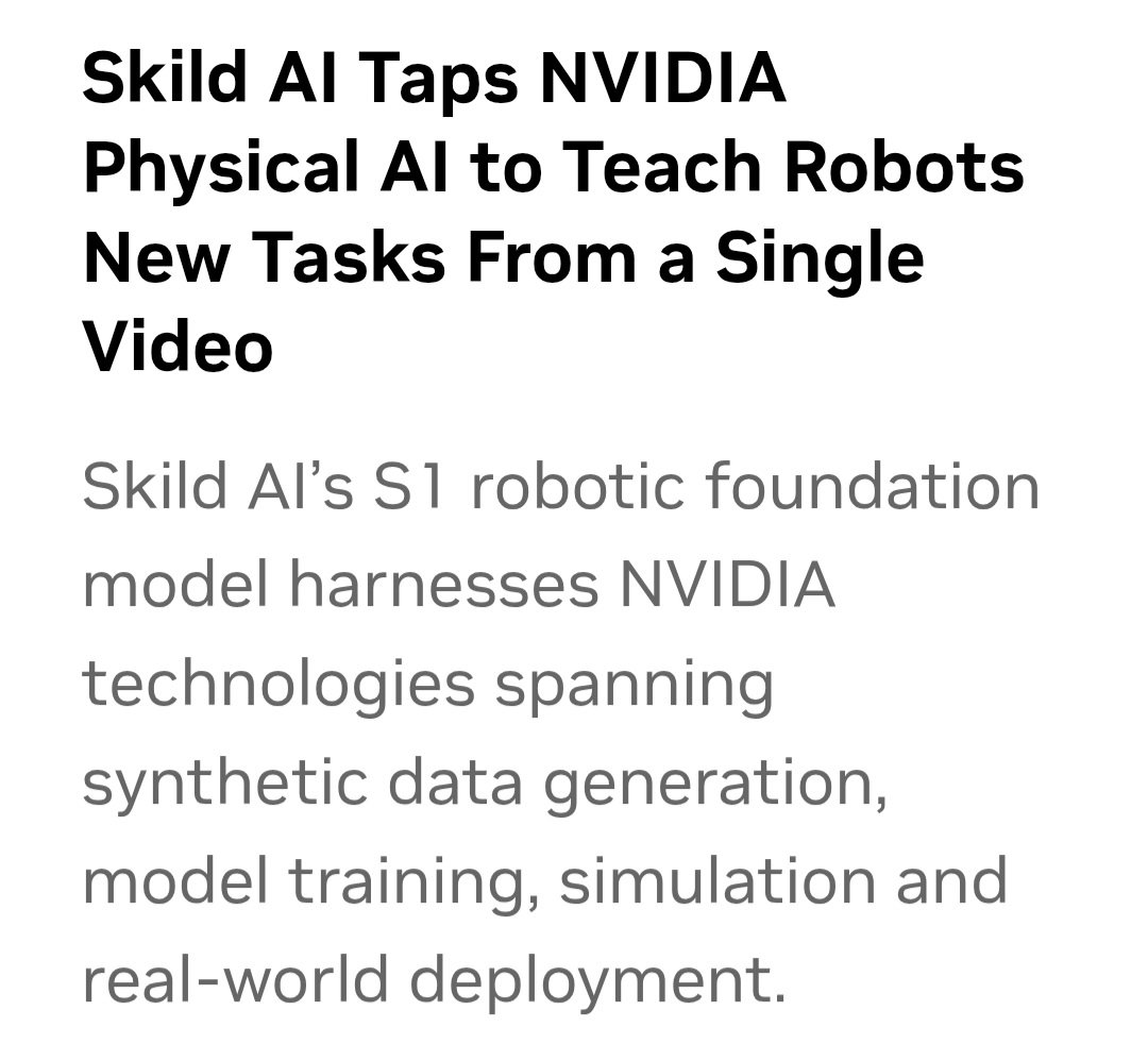 Factory_Signal's tweet photo. @nvidia,  Foxconn and @SkildAI are putting adaptive AI robots to work assembling Blackwell systems.
Skild’s S1 model can learn new multi-step tasks from a single video demonstration, without task-specific retraining. https://t.co/ugdy04DCJo