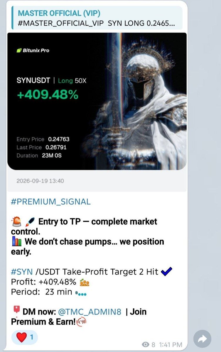 Cry_Fortress's tweet photo. #PREMIUM_SIGNAL
🚨 🚀 Entry to TP — complete market control.
📊 We don’t chase pumps… we position early.
#SYN /USDT Take-Profit Target 2 Hit ✅
Profit: +409.48% 📈
Period: 23 min ⏰
Free Signals: https://t.co/YLb6088apC
#Gümüş #Platin #Nasdaq #Petrol #Dxy #Dax #Silver #altin #ons #bist100 #cment #xauusd #altın #gramaltın #btc #btcusdt