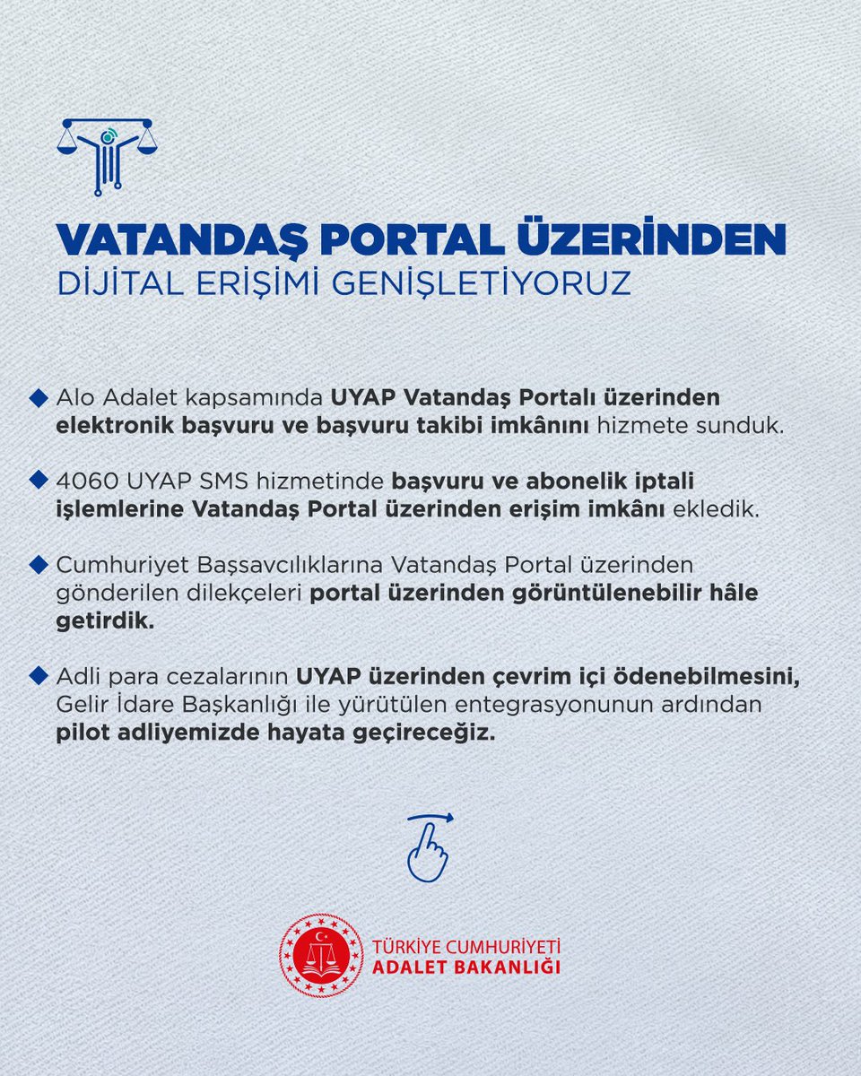 adalet_bakanlik's tweet photo. UYAP güncellemesiyle dijital adalet altyapımızı güçlendirmeyi sürdürüyoruz.

Elektronik başvuru, ödeme, sorgulama ve takip imkânlarını genişleten, yargı ve icra süreçlerini daha etkin hâle getiren, işlem güvenliğini artıran yeni uygulama ve geliştirmeleri hayata geçiriyoruz.

Türkiye Yüzyılı, Adalet Yüzyılı 🇹🇷