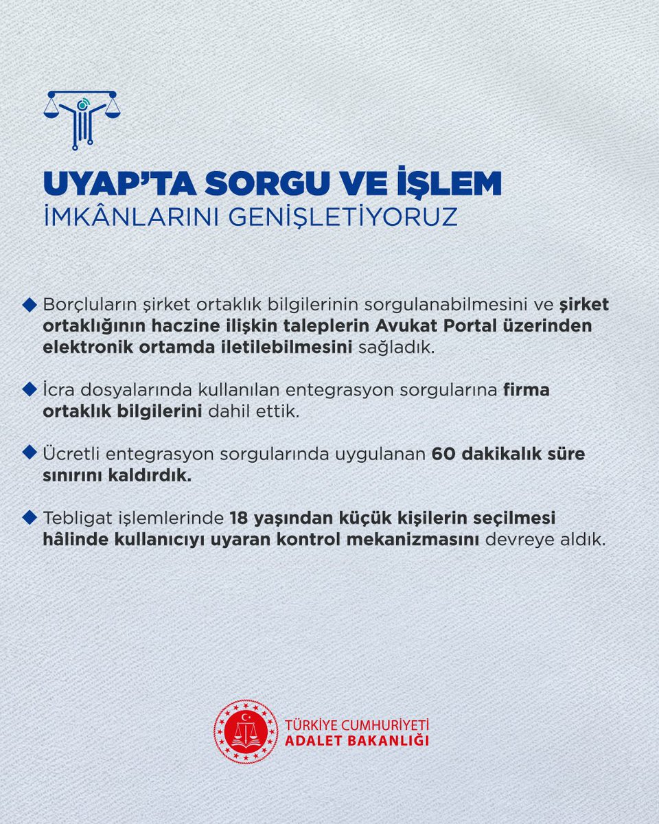 adalet_bakanlik's tweet photo. UYAP güncellemesiyle dijital adalet altyapımızı güçlendirmeyi sürdürüyoruz.

Elektronik başvuru, ödeme, sorgulama ve takip imkânlarını genişleten, yargı ve icra süreçlerini daha etkin hâle getiren, işlem güvenliğini artıran yeni uygulama ve geliştirmeleri hayata geçiriyoruz.

Türkiye Yüzyılı, Adalet Yüzyılı 🇹🇷