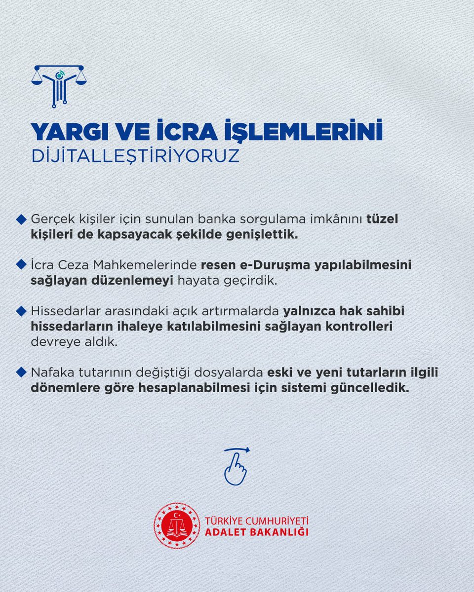 adalet_bakanlik's tweet photo. UYAP güncellemesiyle dijital adalet altyapımızı güçlendirmeyi sürdürüyoruz.

Elektronik başvuru, ödeme, sorgulama ve takip imkânlarını genişleten, yargı ve icra süreçlerini daha etkin hâle getiren, işlem güvenliğini artıran yeni uygulama ve geliştirmeleri hayata geçiriyoruz.

Türkiye Yüzyılı, Adalet Yüzyılı 🇹🇷