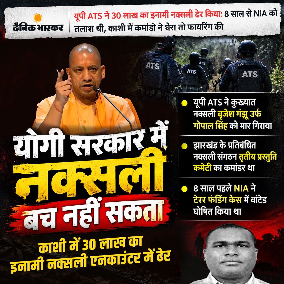 OmprakP3015's tweet photo. उत्तर प्रदेश में कानून का राज किस स्तर पर काम कर रहा है, इसका ताजा उदाहरण काशी में हुआ यह सफल एनकाउंटर है, जहां 30 लाख के इनामी नक्सली को ढेर किया गया है। झारखंड के प्रतिबंधित संगठन का यह कुख्यात कमांडर बृजेश गंझू पिछले 8 वर्षों से एनआईए के टेरर फंडिंग केस में वांटेड था और कानून की पहुंच से दूर भाग रहा था। लेकिन योगी सरकार के मजबूत सुरक्षा तंत्र और एटीएस की असाधारण बहादुरी के आगे आखिरकार ऐसे खतरनाक अपराधियों का बचना नामुमकिन साबित हुआ है।