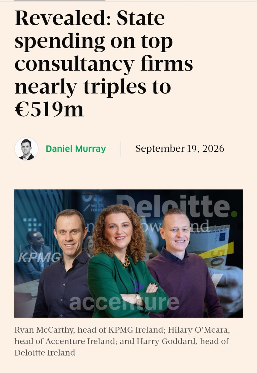 caulmick's tweet photo. Revealed: State spending on top consultancy firms nearly triples to €519m ✍️Daniel Murray 

The top 10 consultancies that provide services to the state saw their public revenue grow from €193 million in 2019 to €519 million last year.

The top five paid consultants in 2025 were: Deloitte (€94.6m); EY (€90.3m); Turner and Townsend (€88.4m); Accenture (€80.8m); and Arup (€47.3m).

Other top paid consultants included: Aecom (€30.3m); Jacobs Engineering (€23m); BearingPoint (€22.5m); PwC (€21.1m); KPMG (€20.6m); and Grant Thornton (€18.6m).

In total, the relevant companies in the top 10 lists have been paid a cumulative €2.3 billion since 2019.

#HowIrelandWorks #Consultants
@businessposthq 

https://t.co/RaCC5QKbPV