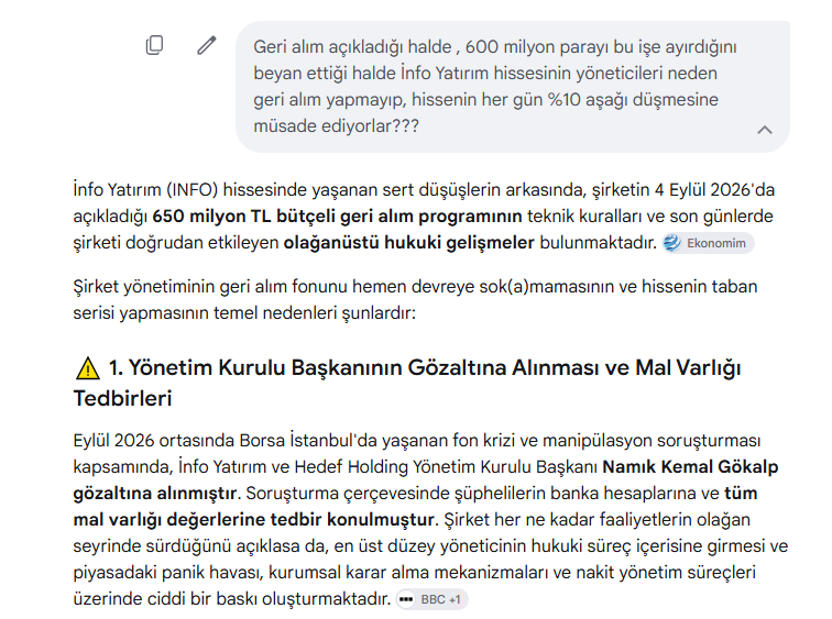 loruhlano's tweet photo. #info   #INFO    #İNFOYATIRIM   #infoyatırım  #infoyatirim   Geri alım programı aksayacak mı ??  Hisse her gün taban olurken yönetim niye geri alım programını devreye sokmuyor ?  yoksa geri alım bile, yetersiz mi kalıyor??  sorusuna YAPAY ZEKA nın cevabı.. https://t.co/0NuKIAh5RU