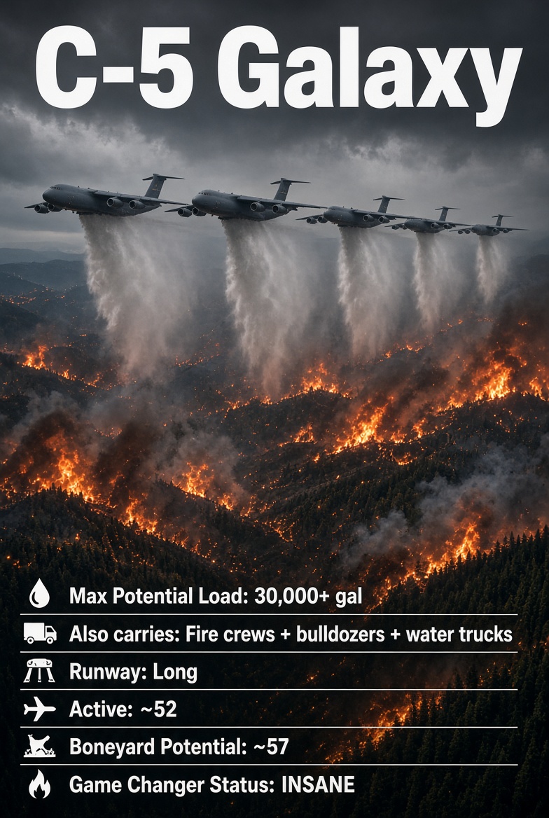 smartwildfires's tweet photo. The C-5 Galaxy isn’t just a plane 

it’s a game.......changer 
 
30,000+ gallons of water per drop for wildfires or drought relief in national parks & sensitive ecosystems 

It hauls fire crews, bulldozers & water trucks  

Chemical retardant dumps on factory, oil or battery fires

#wildfire
#landguard
