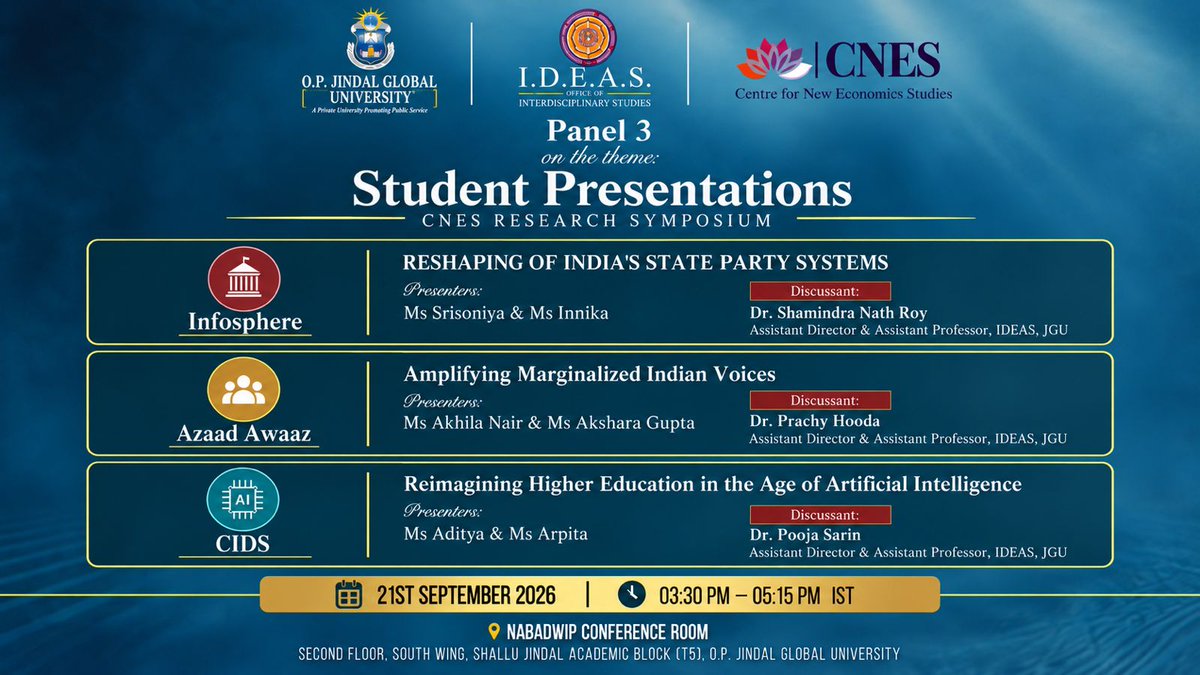 jguideas's tweet photo. The IDEAS Office of Interdisciplinary Studies, O.P. Jindal Global University, is pleased to invite you to CNES Research Symposium on 21 Sept 2026.

@JindalGlobalUNI https://t.co/BsvG2oDEpv