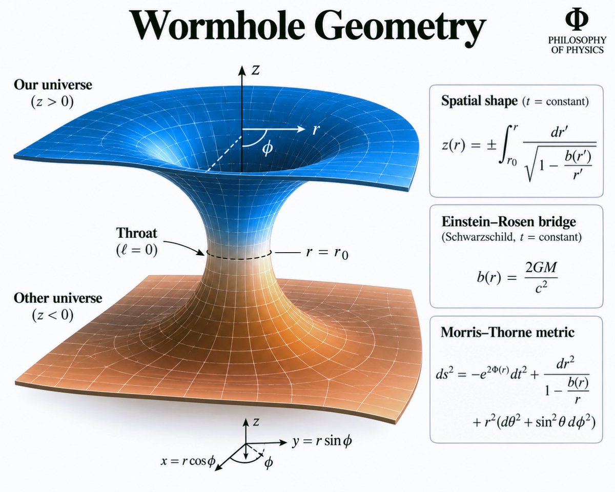 PhilosophyOfPhy's tweet photo. A wormhole is a hypothetical geometry of spacetime in which two distant regions are connected through a throat.

General relativity admits wormhole-like solutions, including the Einstein–Rosen bridge, which is not traversable. Traversable models, such as the Morris–Thorne wormhole, can be described mathematically, but within standard general relativity they require violations of classical energy conditions. No wormhole has been experimentally observed yet.