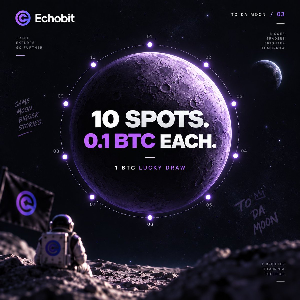 EchobitExchange's tweet photo. 10 winners. 0.1 BTC each. 🌕

Yes — 1 full BTC is on the table.

New users who complete all TO DA MOON tasks qualify for the Lucky Draw.

🎟️ 10 winners
🪙 0.1 BTC each
🌕 1 BTC total
Will one of those 10 spots be yours? 👀

#Echobit #Bitcoin #ToDaMoon https://t.co/TNdaNqTYkq