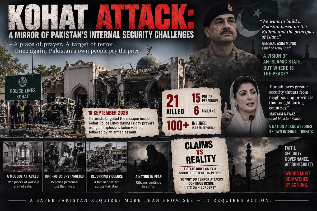 fatimah_shah3's tweet photo. The Kohat Police Lines terrorist attack of 18 September 2026, where a mosque inside
The campaign will highlight the contradiction between Pakistan’s claims of an idea
#JusticeAndSecurity #KohatAttack #PeaceJusticeAndSecurity #TerrorismChallenge #PublicSafety #ClaimsVsReality. https://t.co/EFHzdyw2M0