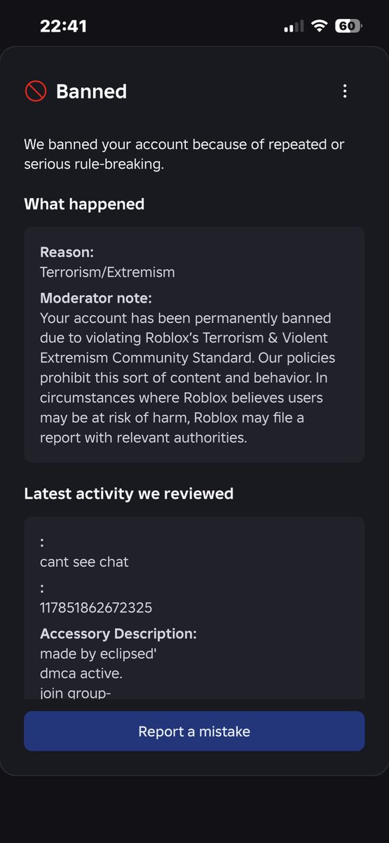 kubuzzu's tweet photo. @Roblox Roblox please help with my false ban 

Ticket id: 182610691 https://t.co/3HhITOhELh