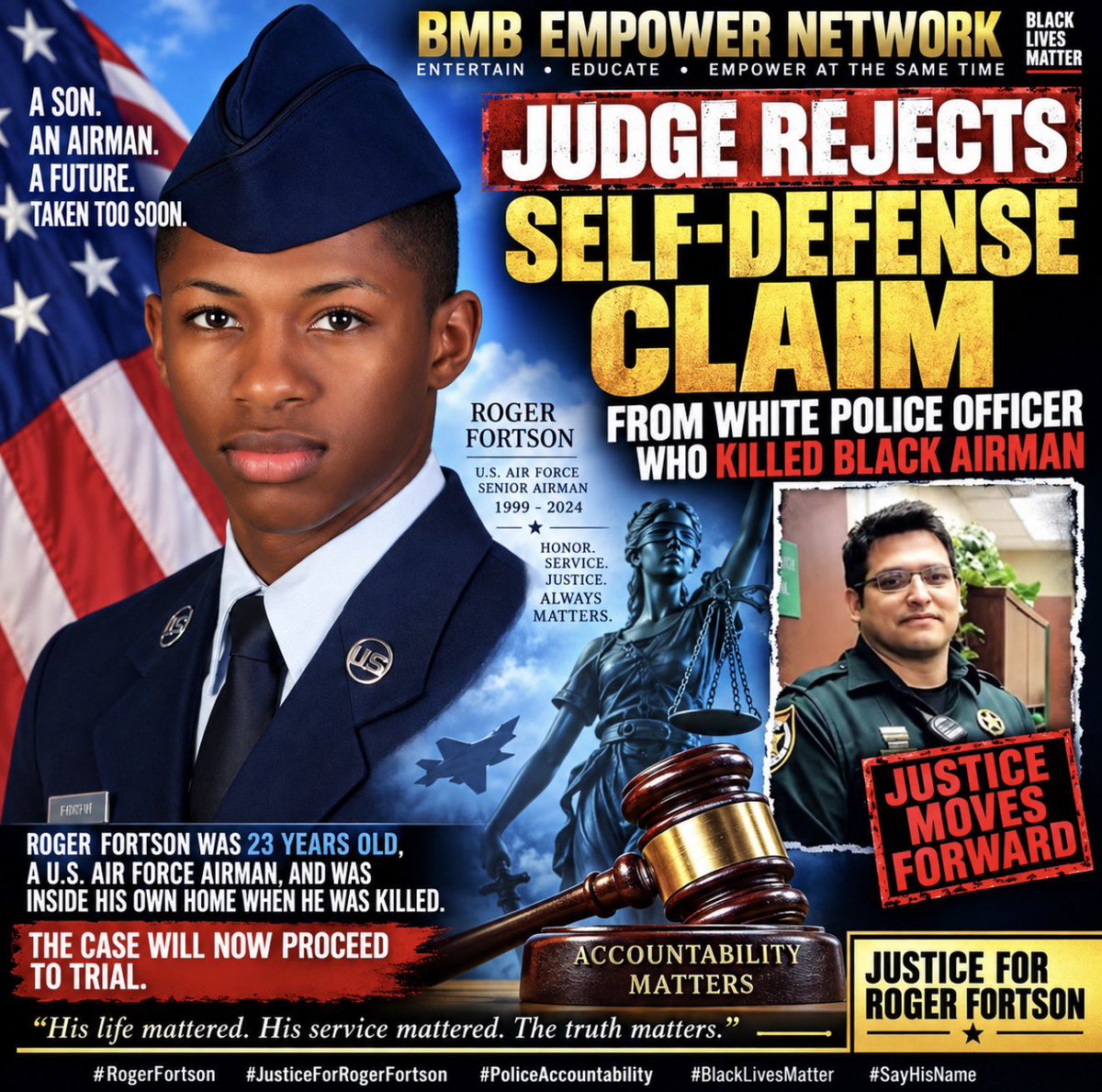 Bmbempower's tweet photo. 🚨 JUDGE REJECTS SELF-DEFENSE CLAIM IN ROGER FORTSON CASE 🚨

A Florida judge has rejected former Okaloosa County Sheriff’s Deputy Eddie Duran’s attempt to use self-defense/Stand Your Ground immunity to avoid prosecution for the 2024 killing of 23-year-old U.S. Air Force Senior Airman Roger Fortson, a Black airman. 

According to court proceedings, Duran responded to an apartment-complex disturbance call on May 3, 2024. He knocked on Fortson’s door and announced, “Sheriff’s Office.” Fortson opened the door holding a legally owned handgun pointed downward at his side. Duran then shot him within seconds. 

The judge ruled that Fortson did not automatically lose his legal right to possess or openly carry a firearm inside his own home simply because someone outside announced they were law enforcement. The judge also found that prosecutors presented clear and convincing evidence sufficient to overcome Duran’s claimed self-defense immunity. 

⚖️ WHAT THIS MEANS:
Duran’s manslaughter case will proceed toward trial, currently scheduled for September 28, 2026, although his attorneys have indicated they intend to appeal and have sought the judge’s removal from the case. 

Roger Fortson was 23 years old, a U.S. Air Force airman, and inside his own home when he was killed.

A judge has now said the self-defense claim does not end the case. The evidence will have to be heard in court.

#RogerFortson #JusticeForRogerFortson #BlackLivesMatter #PoliceAccountability #BMBEmpowerNetwork
