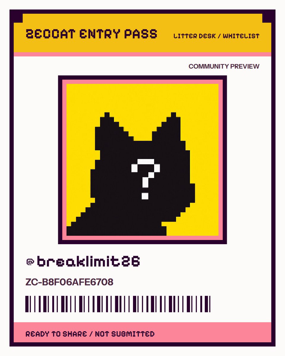 Breaklimit26's tweet photo. I'm applying for the @zeccatnft whitelist. My Zeccat Entry Pass is ZC-B8F06AFE6708. Community preview only. https://t.co/tuB2Fi6pnO