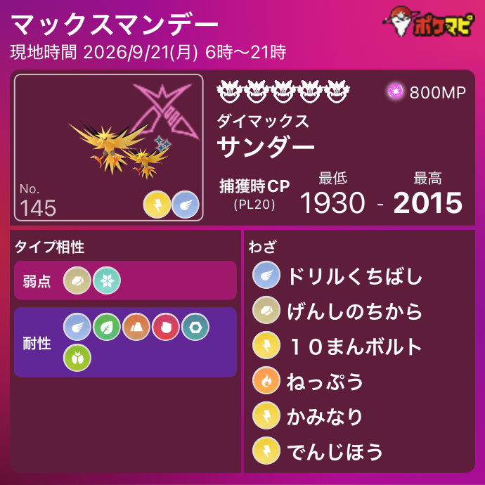 pokemapi's tweet photo. ダイマックスフリーザー、ダイマックスサンダー、ダイマックスファイヤーのマックスマンデー

📅2026/9/21(月) 6時～21時

✅星5マックスバトル（参加には800 MPが必要です。※ 倒すまで、消費されません）
✅個体値100%：
フリーザー CP 1743
サンダー CP 2015
ファイヤー CP 1980
⭐️現地でマックスバトル完了時ふしぎなアメXLを1個獲得

▼https://t.co/xV19Lu0P1i

#ポケモンGO