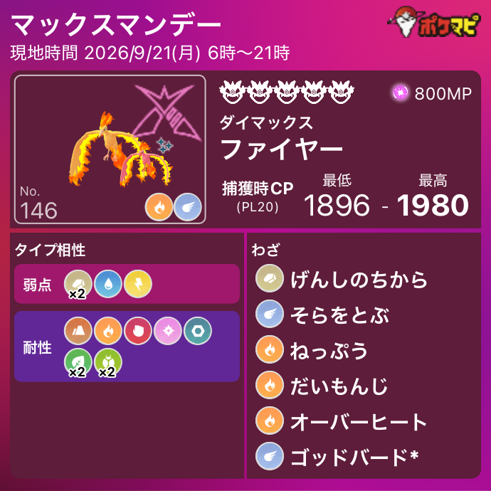 pokemapi's tweet photo. ダイマックスフリーザー、ダイマックスサンダー、ダイマックスファイヤーのマックスマンデー

📅2026/9/21(月) 6時～21時

✅星5マックスバトル（参加には800 MPが必要です。※ 倒すまで、消費されません）
✅個体値100%：
フリーザー CP 1743
サンダー CP 2015
ファイヤー CP 1980
⭐️現地でマックスバトル完了時ふしぎなアメXLを1個獲得

▼https://t.co/xV19Lu0P1i

#ポケモンGO