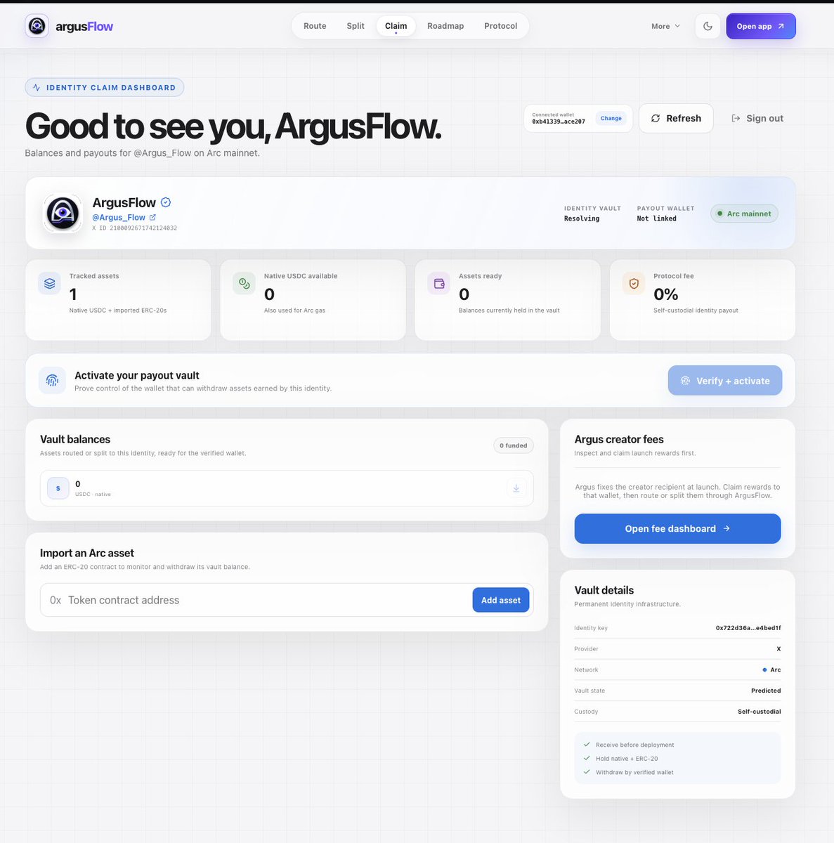 Argus_Flow's tweet photo. We now have the claim dashboard ready, users can login via X profiles and see all the details of the creators fees routed to their profiles. 

Next up: Preparing to do a live demo to show the whole workflow, from routing to claiming the fees to your wallet. 

Stay tuned. 
$Argusflow