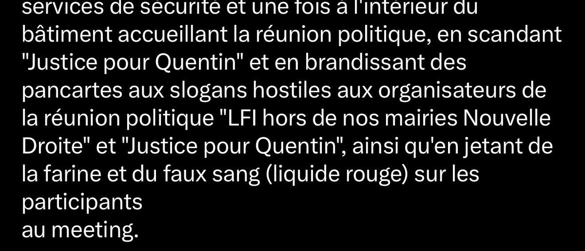 DamienRieu's tweet photo. On vit quand même dans un pays où des activistes de droite viennent de prendre 18 mois de prison avec sursis pour avoir interrompu un meeting LFI avec des pancartes de la farine et du faux sang. 

C’est soviétique. Ca mériterait un rappel à la loi, et encore, les FEMEN et consorts n’auraient rien eu.