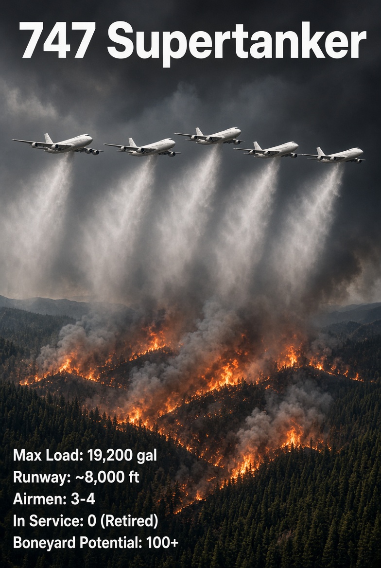 smartwildfires's tweet photo. Imagine 100+ 747 Supertankers staged across Western airbases  

One coordinated drop = nearly 1 million gallons of water over a megafire  

Buy the planes + convert them: roughly $4B  

Yearly Cost - $600 Million  

Cheap vs. the Billions lost every fire season  

#landguard 
#wildfire 
#USLG