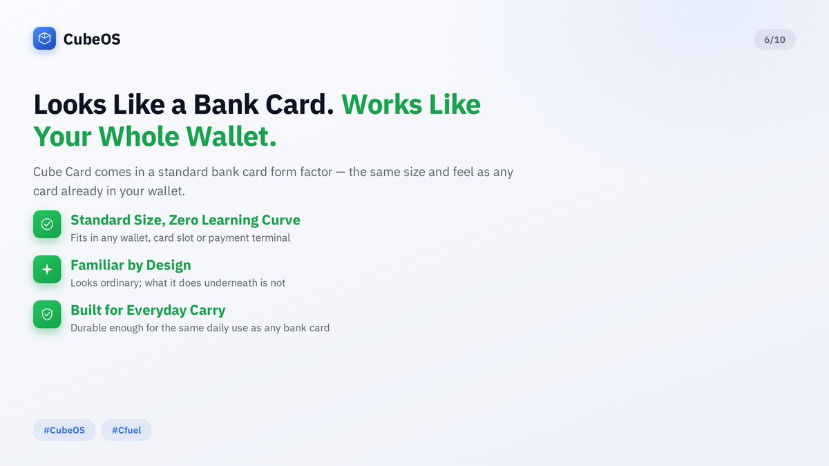 cubeoss's tweet photo. Looks like a bank card. Works like your whole wallet. Cube Card comes in a standard bank card form factor — familiar to carry, CubeOS built in underneath.

#CubeOS #CubeCard #Cfuel https://t.co/PZ7MerKdbZ