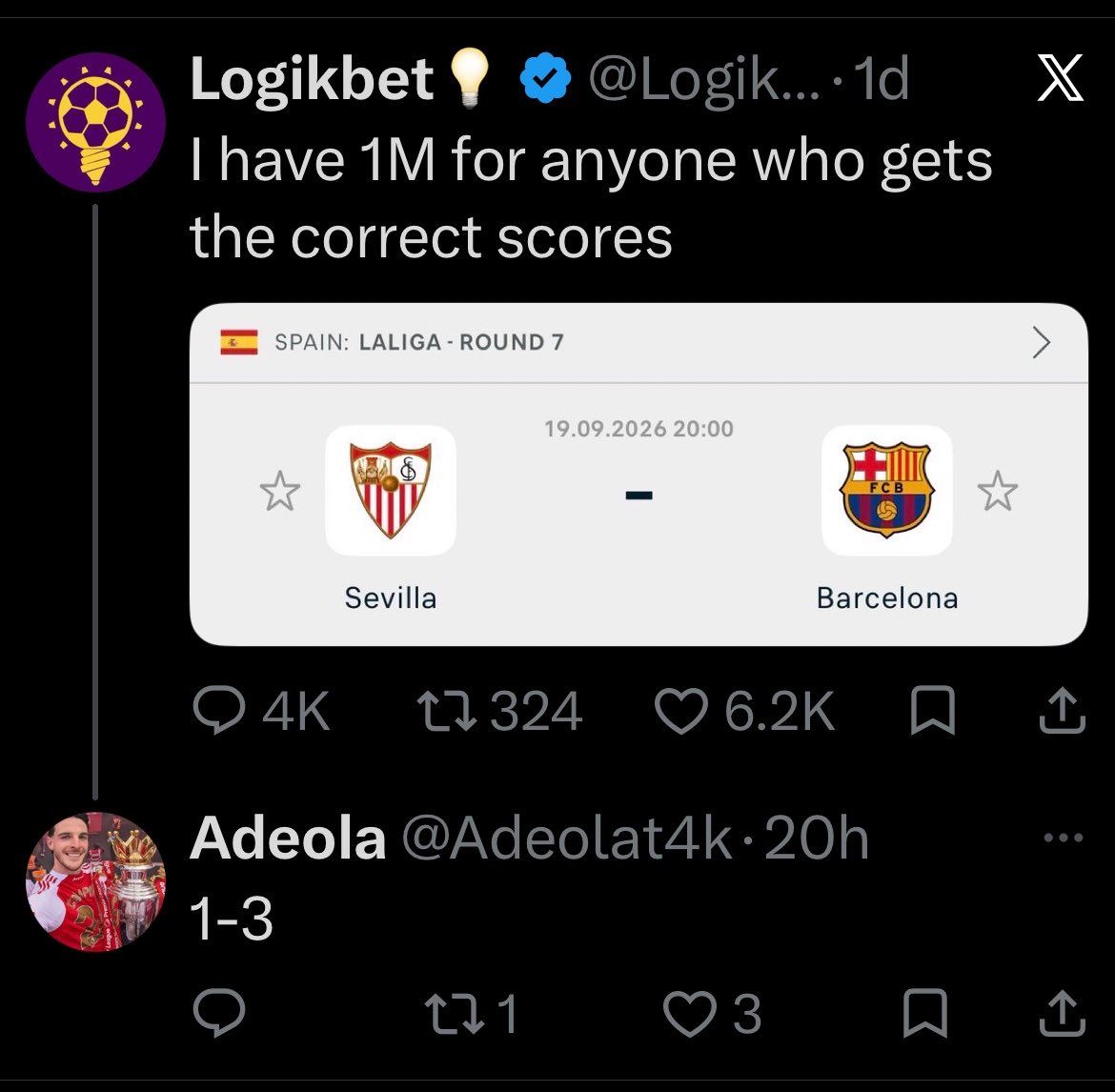Adeolat4k's tweet photo. @LogikbetX,I got the correct score right,you promised whoever got it right 1 million naira…. Boss,it’s time to fulfill your promise to me https://t.co/gcMEP61lhg