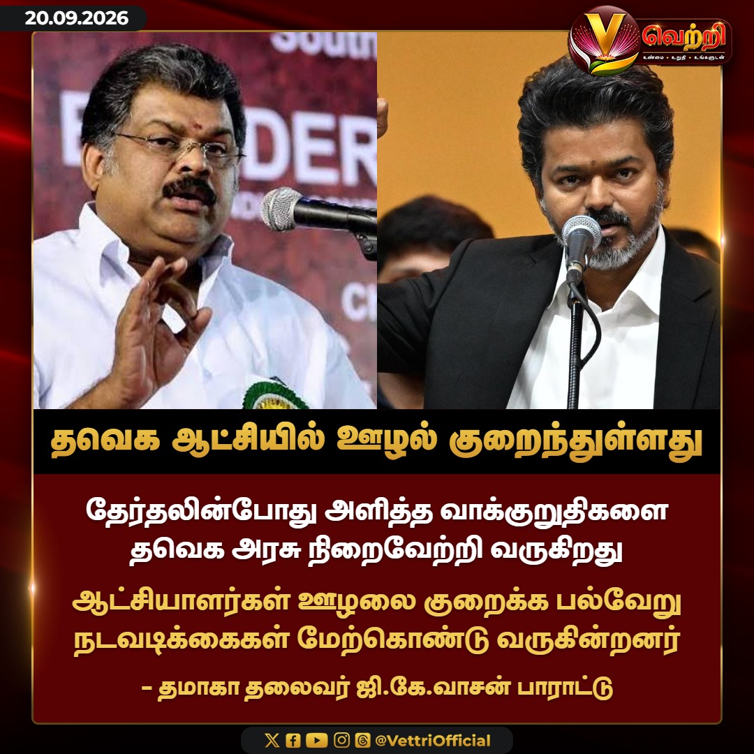 vettrioffl's tweet photo. தவெக ஆட்சியில் ஊழல் குறைந்துள்ளது #CMVijay #TVK #GKVasan #TMC #CorruptionFreeTN #VettriNews https://t.co/jHm3sQnKDe
