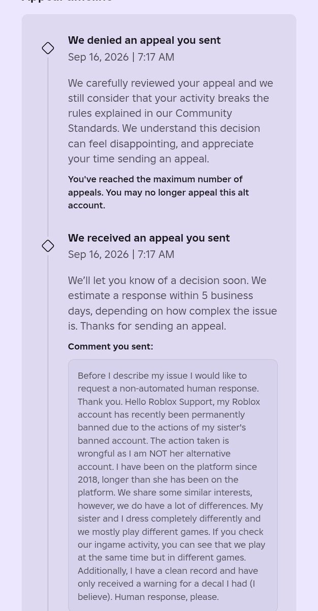 Roxyxtea11's tweet photo. @receivedRBLX User: Roxy_Tea
Ticket ID: 182526296
Reasoning for ban: ban enforcement. My sister was banned a month ago for harmful content/behaviour because she said "kill the furry" in Death Penalty. I was banned on September 16th as a result of this and they have said my account - https://t.co/ghlqCgPjQW