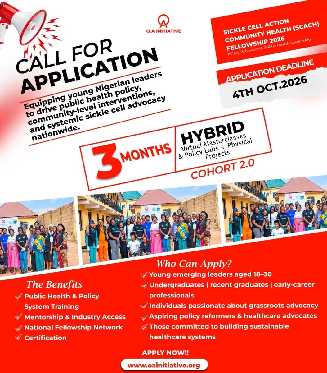 OAinitiative_'s tweet photo. Applications are now open for the Sickle Cell Action Community Health(SCACH) Fellowship 2026-Cohort 2.0
📆Application deadline:4 October 2026
If you’re passionate about public health, policy, advocacy, and community impact,don’t miss this.
👉🏽Apply now: https://t.co/j0bBaAPoY5 https://t.co/t5gyo4eYXU