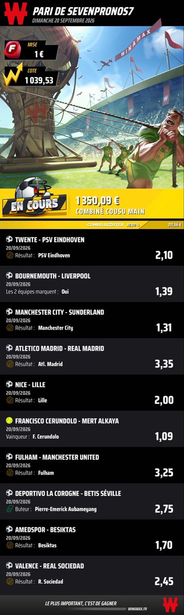 lacotea2de2026's tweet photo. 🚨 Les 3 tickets de caisse du jour, en ce moment on frole le jackpot sur plusieurs tickets 🥵
Seven :
📈 Cote 1 039,53 (!!) → https://t.co/eDFNXShVDw 🤯
📈 Cote 11,01 → https://t.co/EwEzQyPPAE
IamBibi (consultant multisport ), il se disperse mais arrive toujours à trouver la value dans le bon sport :
📈 Cote 57,51 → https://t.co/oOpxFCa3k8 🔥
Mais on espère que la roue tourne va vite tourner 🧠
🎯 Vous voulez du plus précis, du live, des analyses ? Rejoignez notre Discord gratuit, lien en MP 📩
#football #nhl #rugby #cycling #tennis #montreal #TeamParieur #Bet
